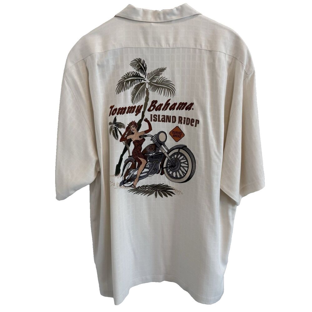 Vtg Tommy Bahama XL Silk Camp Shirt Cream Island Rider Pin Up Girl Motorcycle